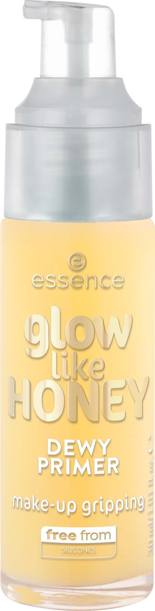 En liten flaska med pump, märkt essence glow like honey dew primer, hjälper sminket att hålla sig bra.