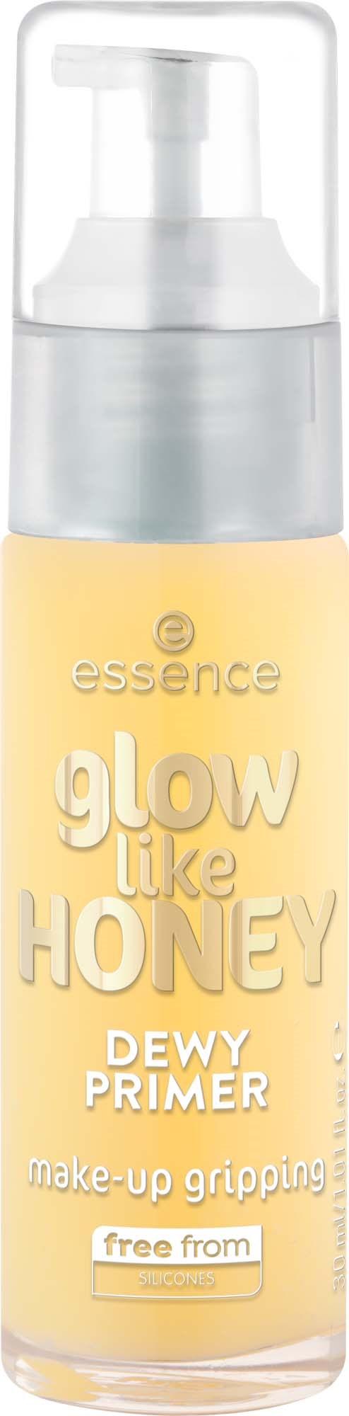 En gul flaska med vit pump märkt essence glow like honey dew primer för sminkfäste.