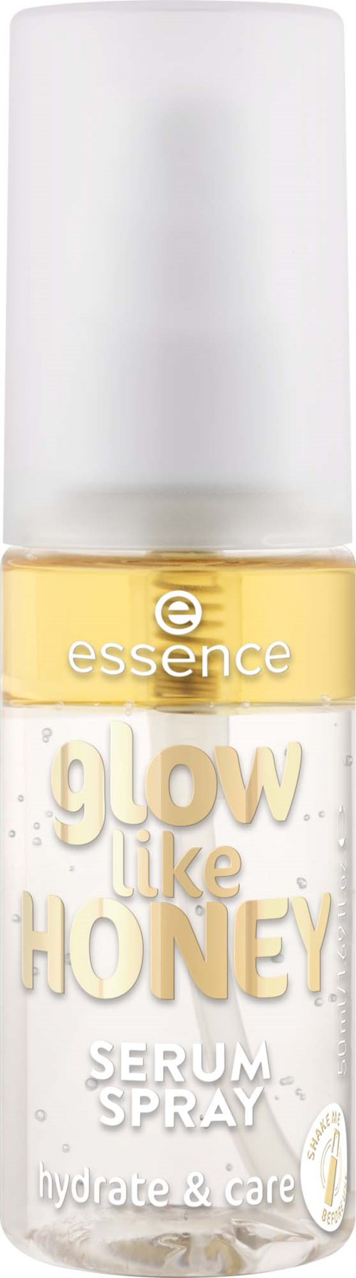 Een kleine flesje serum spray genaamd glow like honey, met pomp, gele label en witte achtergrond.