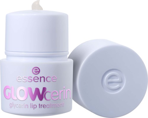 Een kleine witte pot met deksel, label essence glowcerin glycerin lip treatment, toont twee producten naast elkaar.