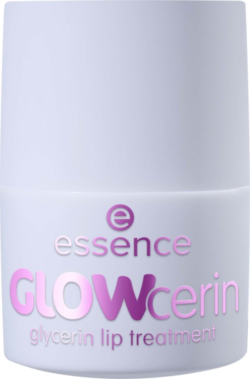 Een witte container met roze en paarse tekst voor essence GLOWgerin glycerine lip treatment.