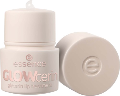 Ein kleine weiße Dose mit Deckel und runder Stick, beschriftet glow cerin glycerin lip treatment, von essence.