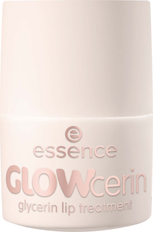 Ein kleiner weißer Behälter mit pinkem Text zeigt essence GLOWcerin Glycerin Lippenpflege.