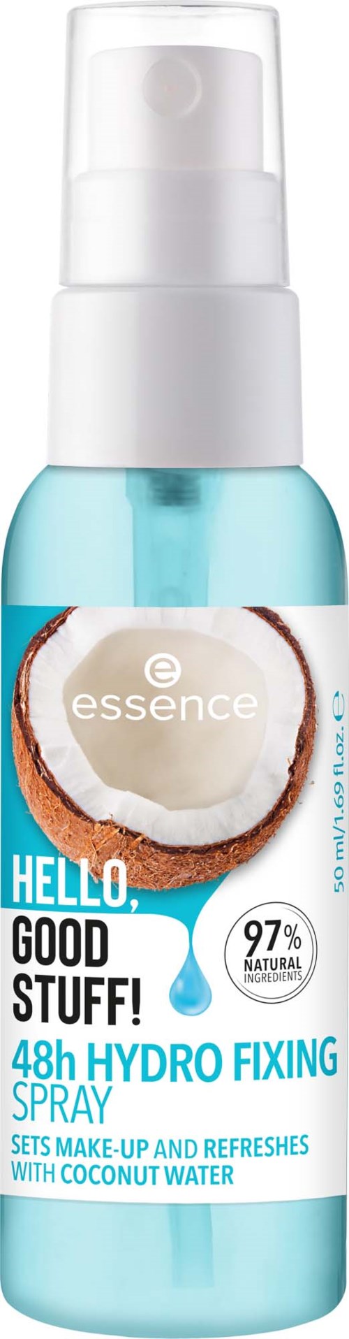 Kleine sprayfles met witte dop, blauwe vloeistof, en een label met 'Hello, Good Stuff!' en 'Hydro Fixing Spray.'