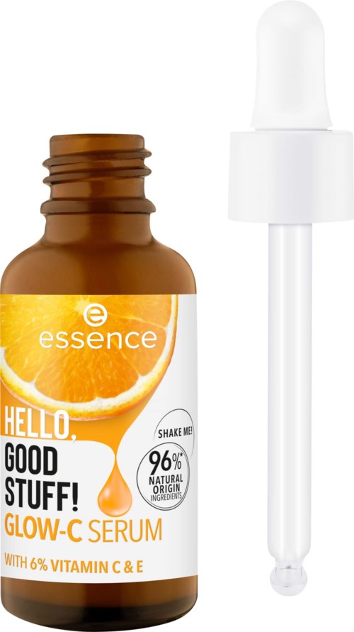 Kleine bruine fles met essence Hello Good Stuff Glow-C Serum en een druppelaar bovenop.