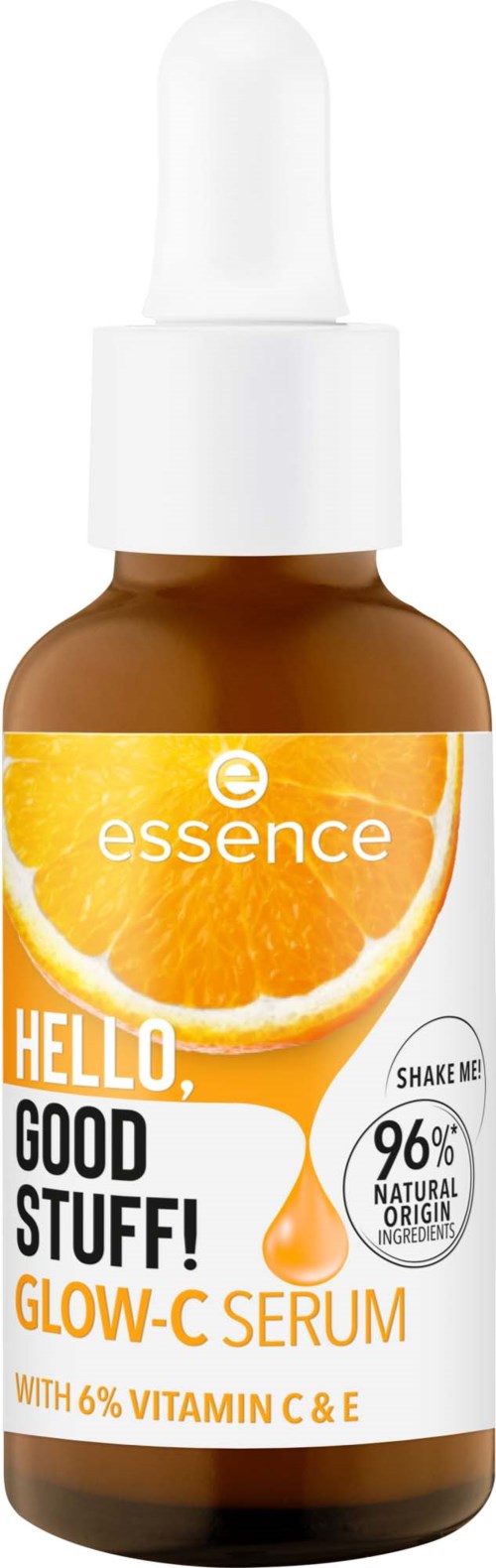 Klein bruine druppelfles met witte dop en etiket met sinaasappelstuk. Het is een glow-C serum met vitamine C en E.