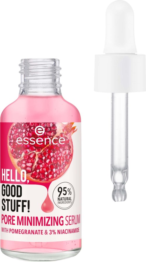 Kleine roze fles met serum met pipet. Het label zegt dat het poriën vermindert en bevat granaatappel en niacinamide.