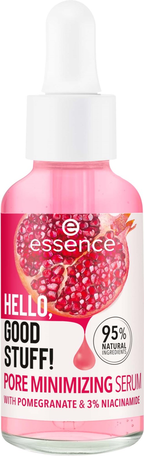 Roze fles met pipet, granaatappelafbeelding en tekst over pore-minimaliserend serum met natuurlijke ingrediënten.