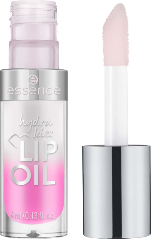 Een lipolie fles met applicatorspeld, roze vloeistof binnenin, en zilveren en witte verpakking.