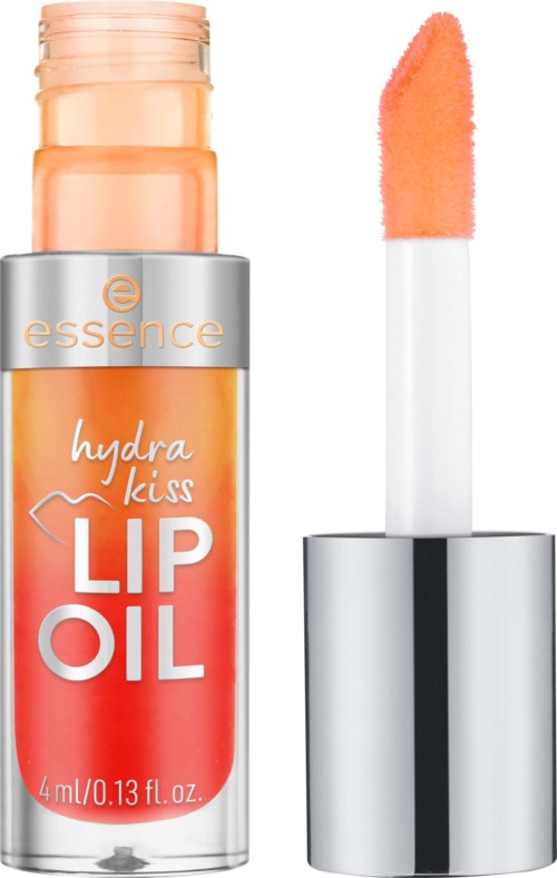 Läppoljeflaska med ljus persikofärgad lock och beige-oranget läppglansapplikator. Etiketten säger "Hydra Kiss."