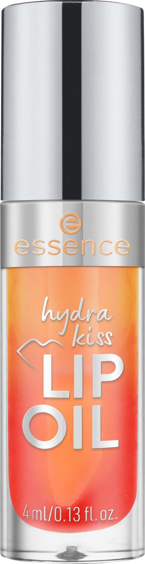 En liten läppolja i en klar flaska med svart lock och orange-rosa vätska inuti.