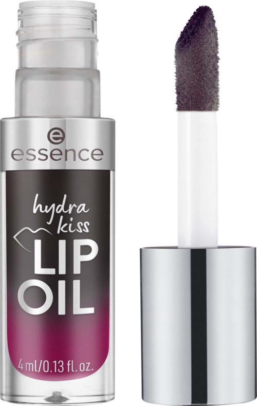 Ett läppoljeartikel med applikator, märkt 'Hydra Kiss' av Essence, i svart och rosa färger.