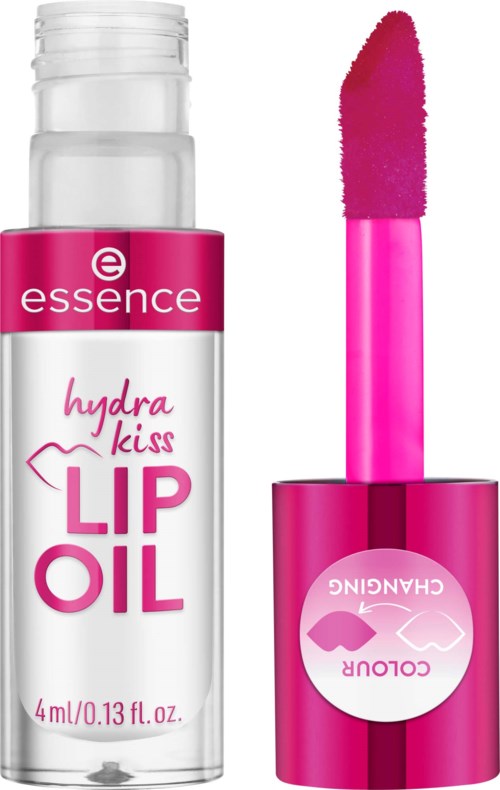 A pink and white bottle of Essence Hydra Kiss Lip Oil with a pink applicator.