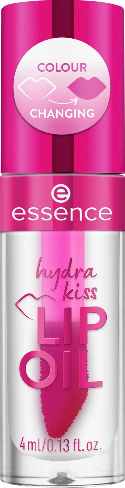 Bright pink lip oil bottle with a changing colour symbol and text, labeled Essence Hydra Kiss Lip Oil, 4ml.