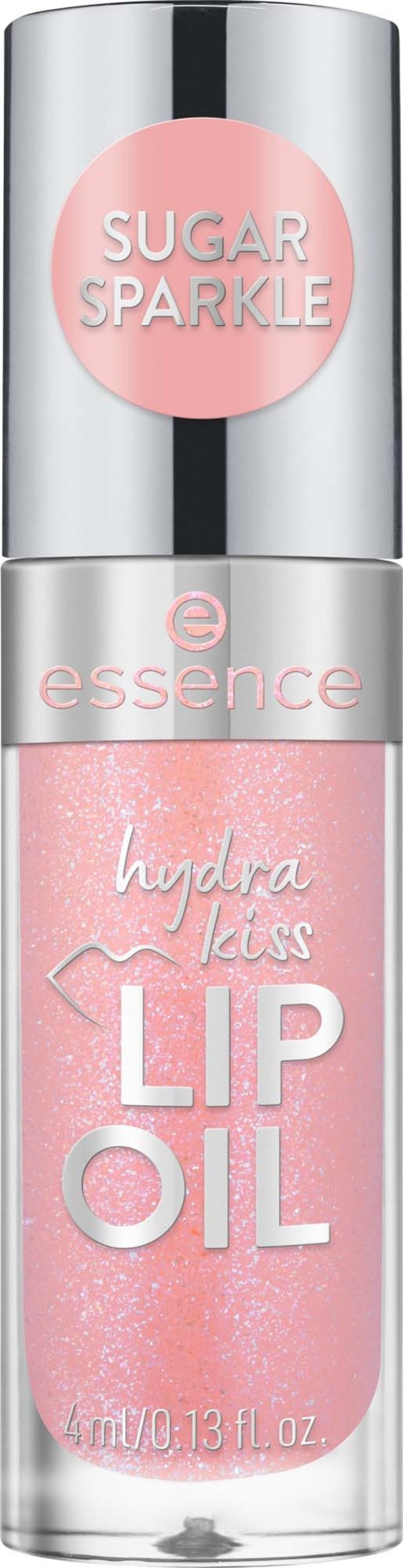 Pinkki huulirasva kirkkaassa pullossa hopeisella korkilla. Siinä lukee sugar sparkle, essence ja hydra kiss.