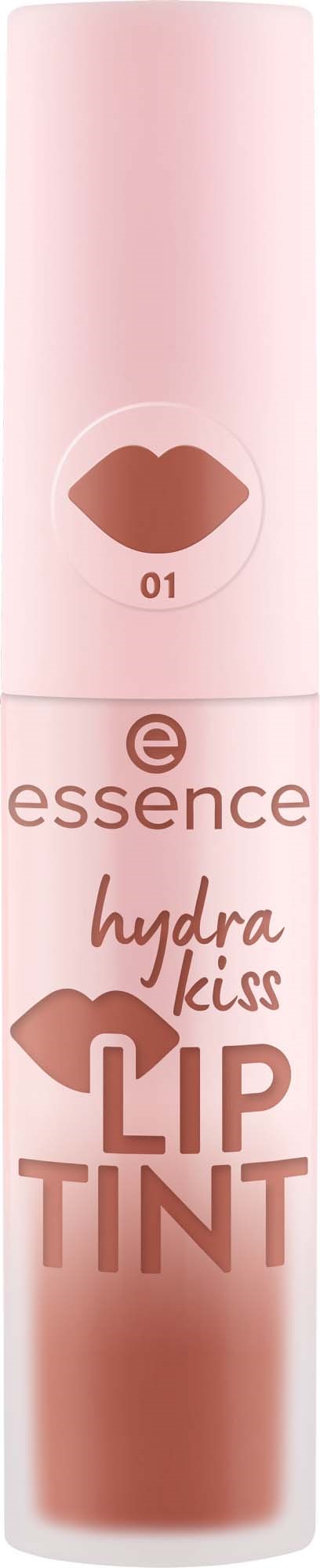 A lip tint in a pink tube with lip print and branding that says essence hydra kiss.