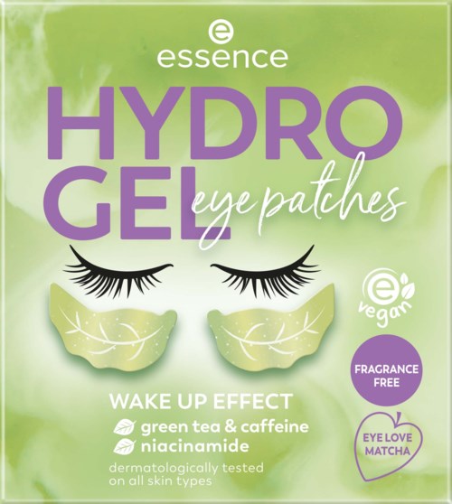 Groen en wit verpakking voor hydrogel oogpatches met wimpersymbolen, benadrukt ingrediënten zoals groene thee en cafeïne.