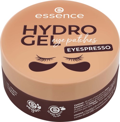 Runder Behälter mit essence hydroge Augenpads, mit Wimpernillustration, beschriftet vegan, parfume frei, für die Augen.
