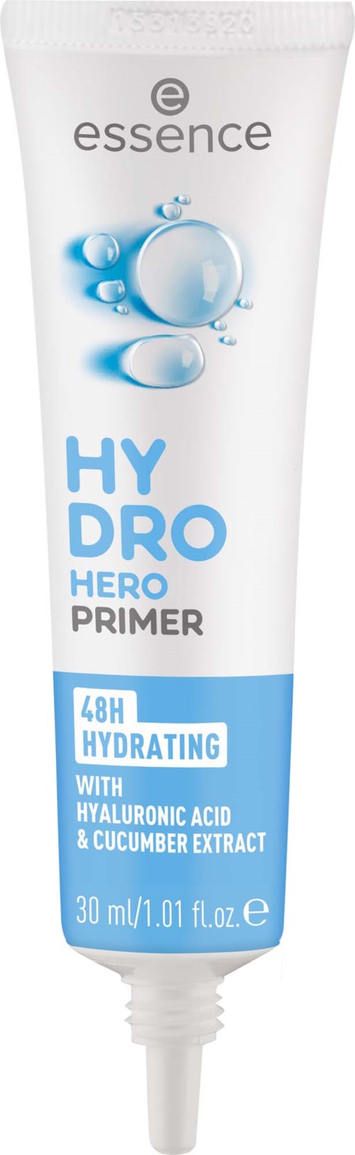 A white and blue tube of essence Hydra Hero Primer with water, hyaluronic acid, and cucumber extract for hydration.