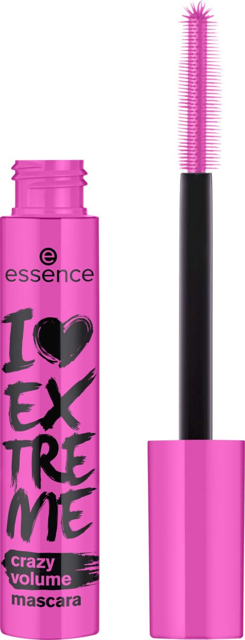 Rosa mascara-rör med öppen borste som visar rosa mascara. Texten säger Love Extreme och crazy volume.