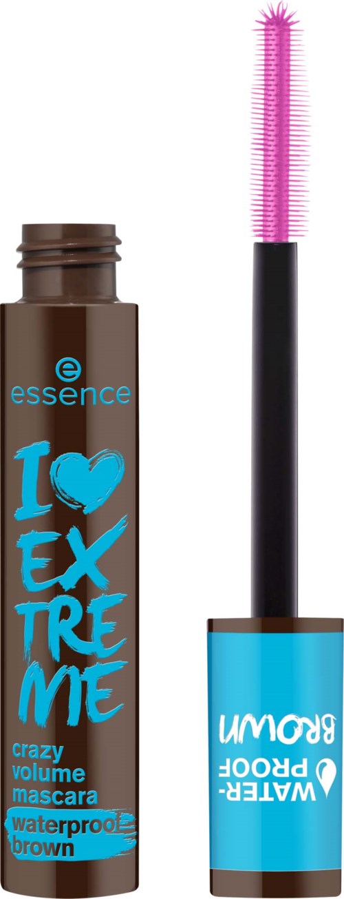 Ruskean värinen ripsimaskara-putkilo, jossa on sinistä tekstiä ja suunnittelu, ja lähellä vaaleanpunainen ripsiharja. Siinä lukee I love extreme mascara.