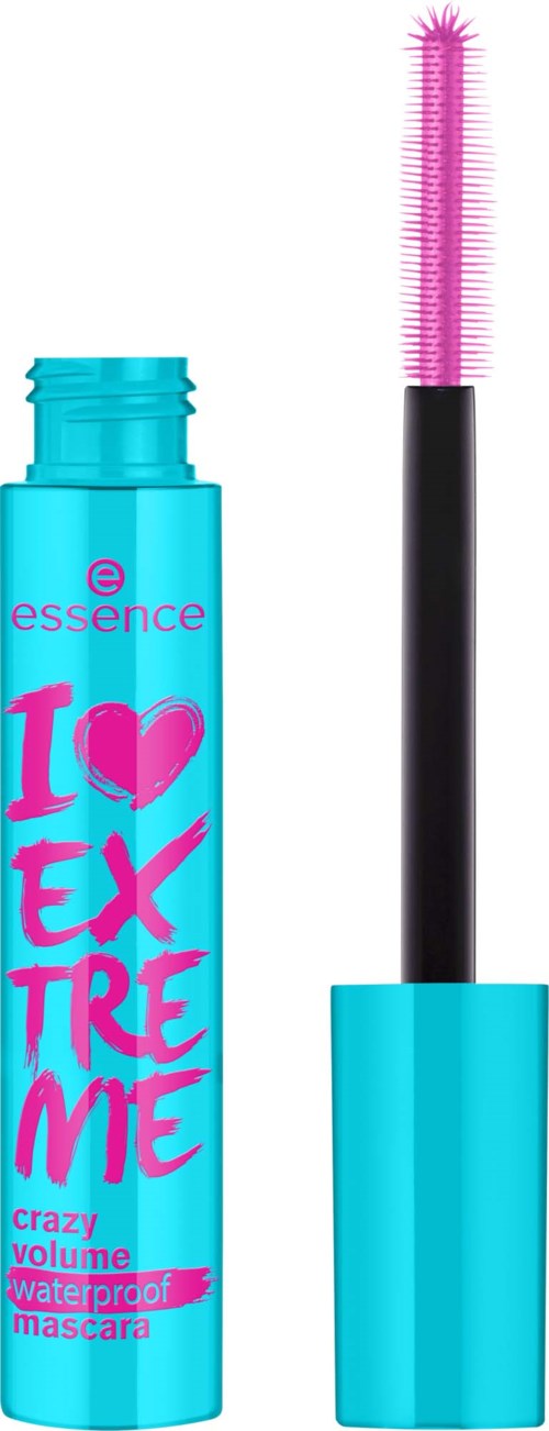 En blå vattentät mascara med rosa text och en öppen borste.
