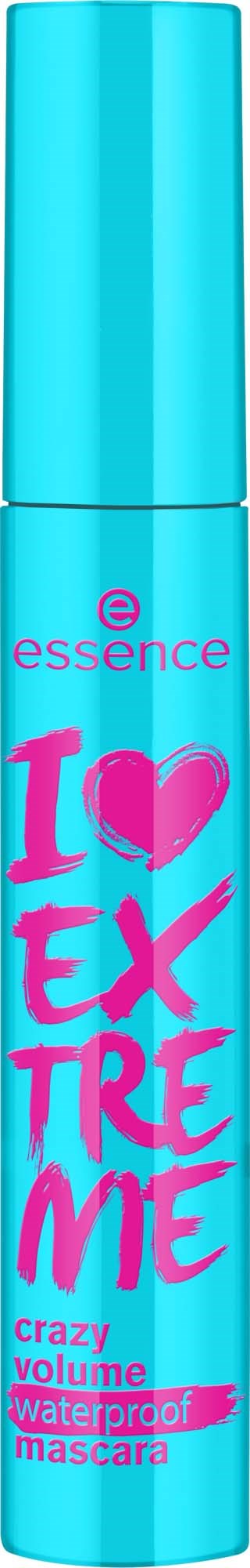En blå mascara-rör med rosa och lila text som lyder "I love extreme" och "waterproof mascara."