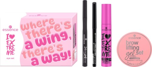 Roze oogmake-up set met twee potloden, lip masker en wenkbrauw liften gel.