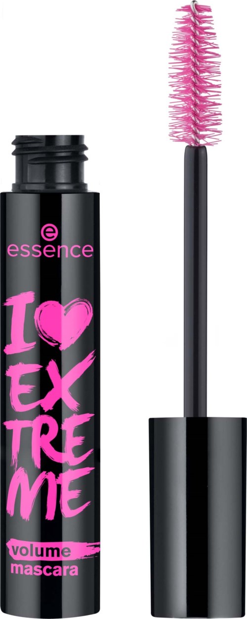 En svart tube med rosa mascara og en rosa børste med teksten 'I Love Extreme' på flasken.