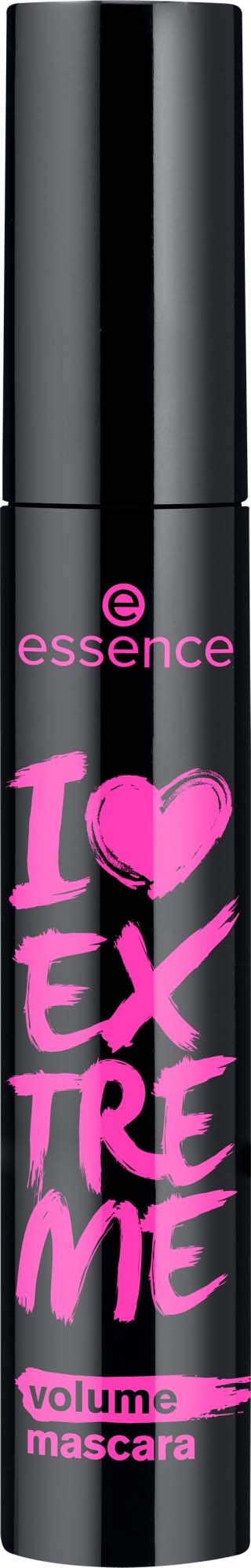 En svart tube med rosa tekst som sier I love extreme volume mascara, med et rosa hjerte og Essence-merkevaren.