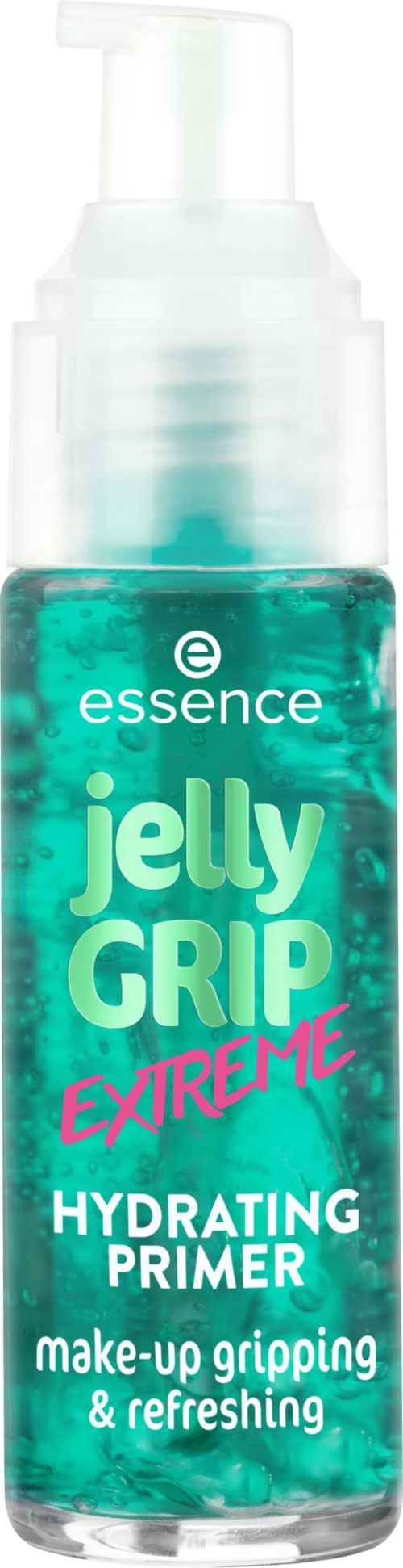 A bottle of teal-colored hydrating primer named Jelly Grip Extreme by Essence for make-up. It is used for gripping and refreshing.