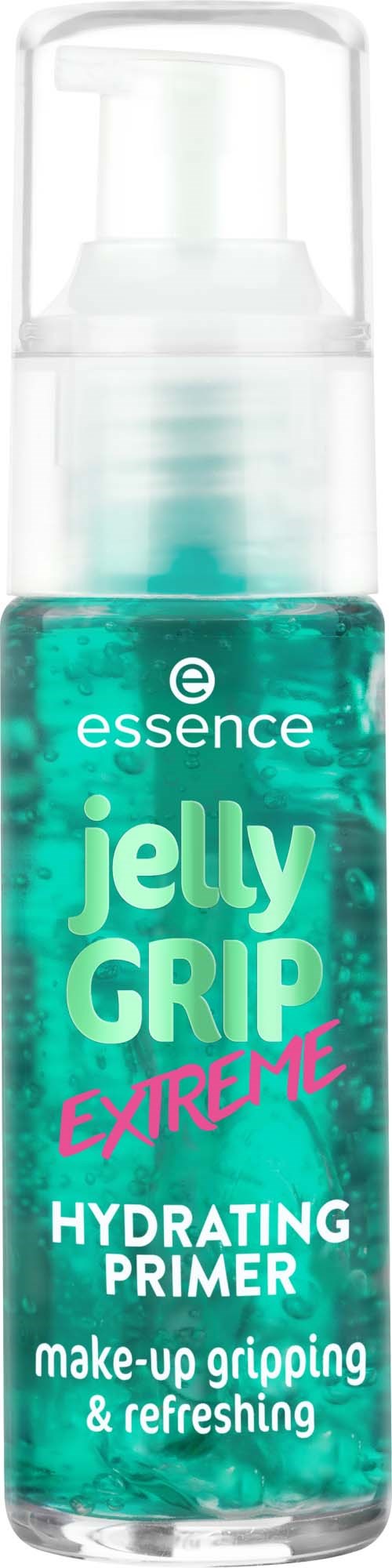 A small bottle of teal colored gel labeled 'Jelly Grip Extreme Hydrating Primer' for makeup, with a clear pump dispenser.