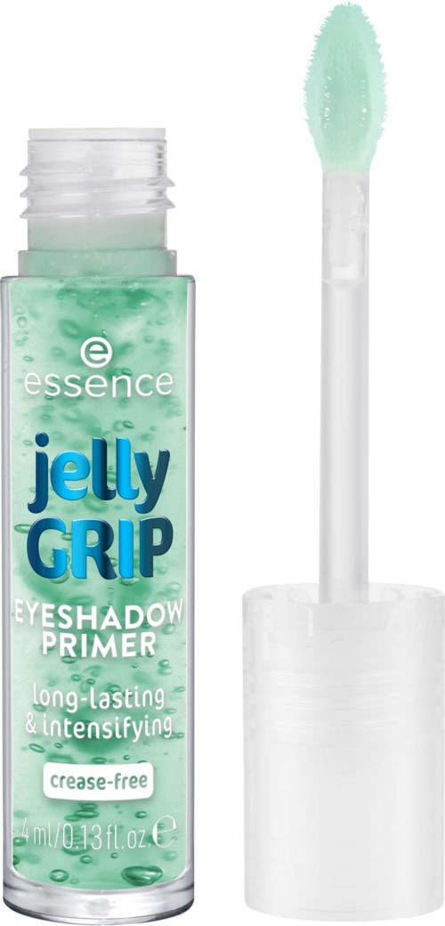 En tub med ögonskuggsprimer med borstar applicator, märkt 'Jelly Grip', betonar långvariga, creaseless och förhöjande effekter.