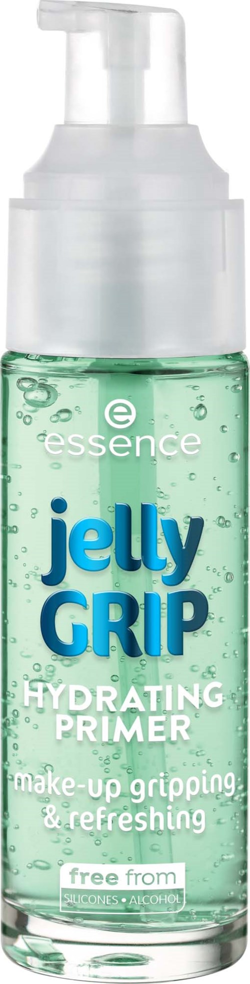 Doorzichtige groene fles met pomp, gelabeld Jelly Grip Hydrating Primer voor make-up, vrij van alcohol en geur.