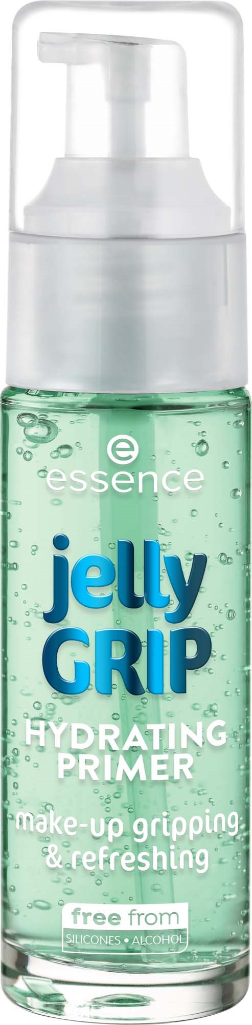 Een heldere fles met pomp bevat groenachtige gelachtige vloeistof, gelabeld als hydraterende primer voor make-up, vrij van bepaalde ingrediënten.
