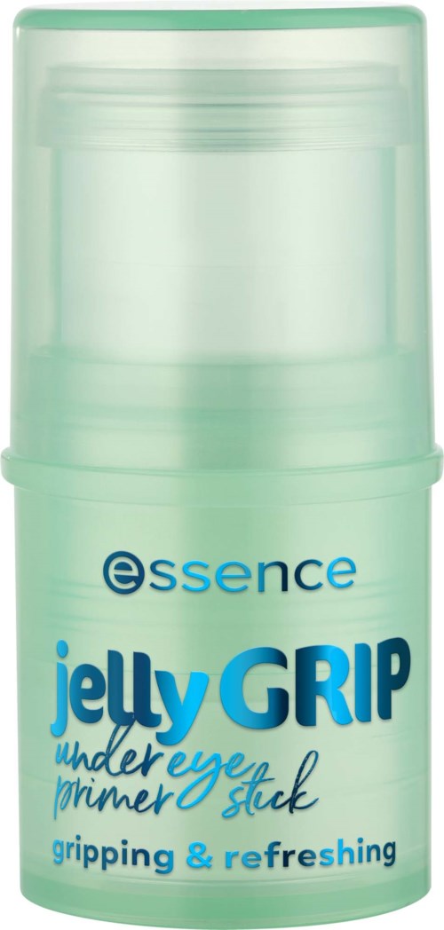 A mint green cylindrical container labeled Essence Jelly Grip, a primer stick for gripping and refreshing under eyes.