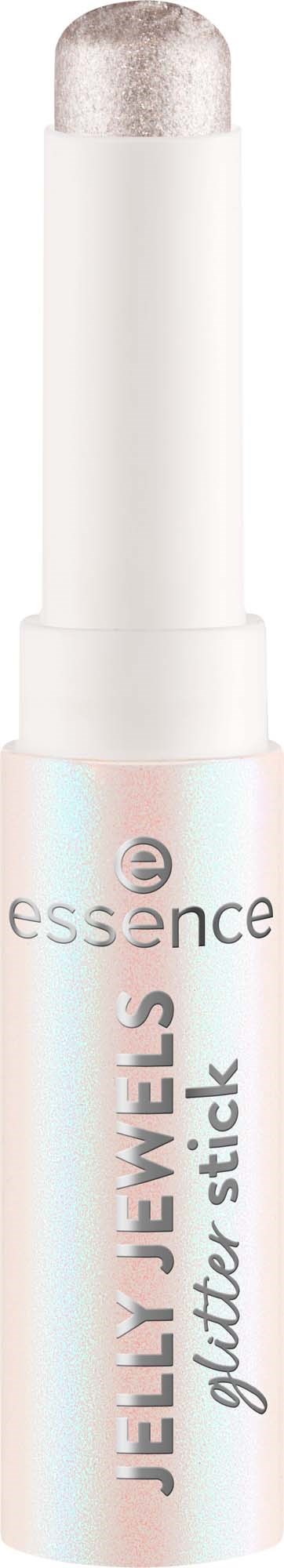 A white container with a pearl-like top, labeled Essence Jelly Buddies Stick, appears to be a makeup or skincare product.