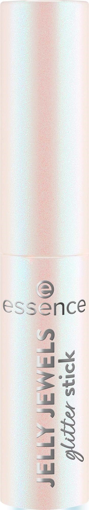 A pink and white cylindrical container labeled jelly eye views with glitter stick by essence.