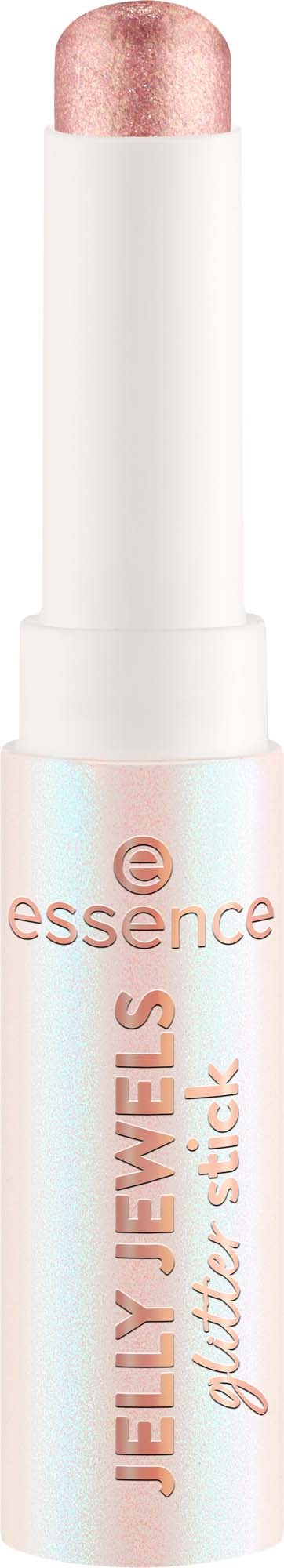 A white lipstick tube with a pinkish beige lipstick stick on top. The brand is Essence, with 'Jelly Jewels Glitter Stick' written on it.