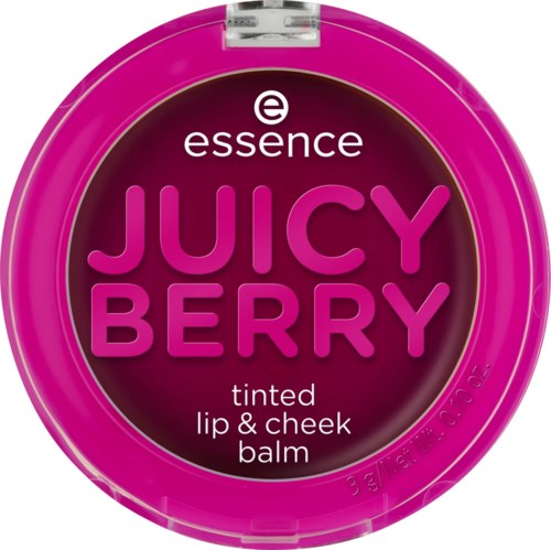 En rund behållare med ett rosa lock, märkt "Juicy Berry" och beskriven som en tinted läpp- och kinderbalsam.