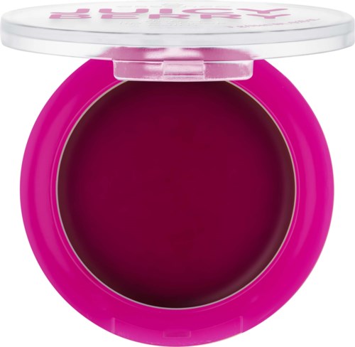 Rosa makeupbehållare med vit lock, öppen för att visa mörk rosa eller röd produkt inuti.