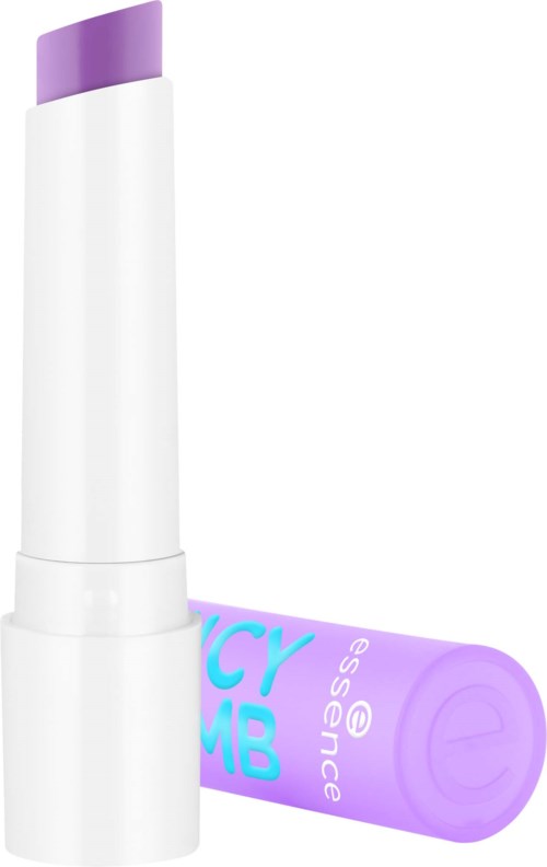 Lipbalsem met paarse dop en lichtpaarse tube gemerkt ecy ece. Eenvoudige, kleine, draagbare tube.