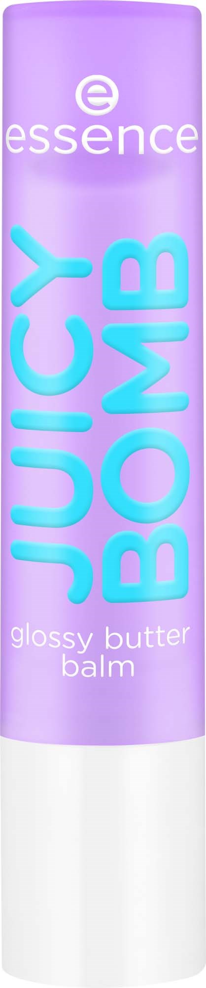 Een tube Essence Juicy Bomb glanzende boterbalsem, paars en wit.