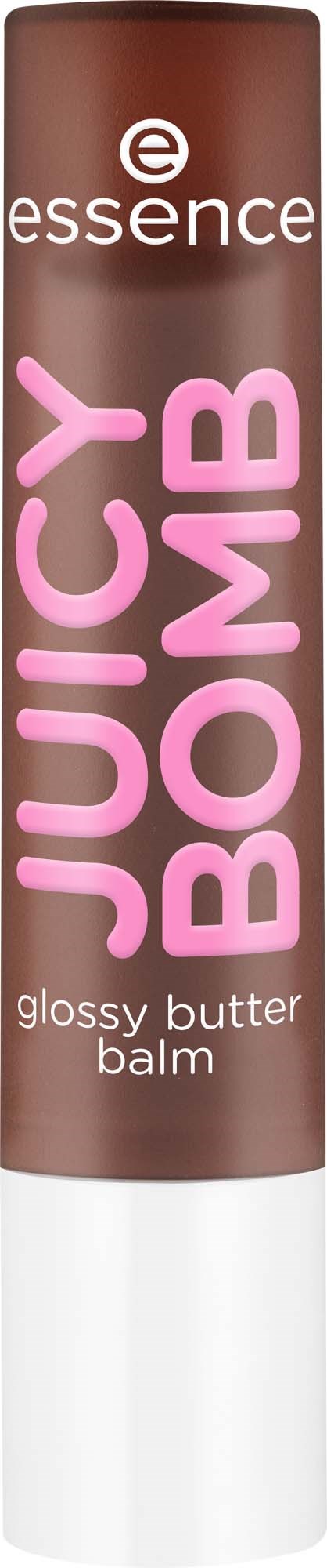 A brown tube containing essence glossy butter balm with pink text on the packaging.