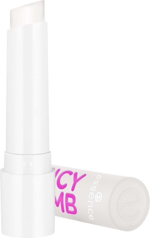 Ein weißer Lippenpflegestift mit pinkem und weißem Text, steht aufrecht ohne Deckel.