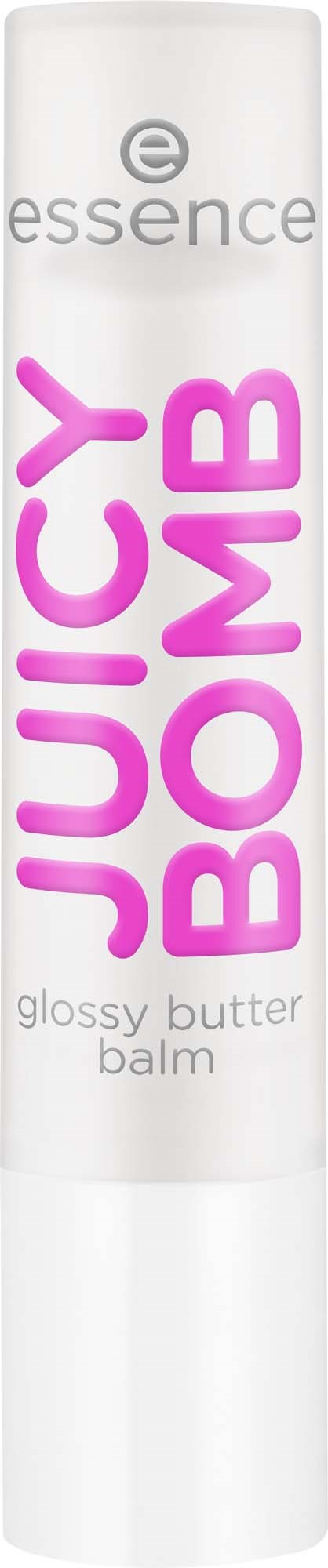 Ein weißer Tube mit essence Juice BOM Glanzbalsam für Lippen, mit pink und grau Text und weißem Deckel.