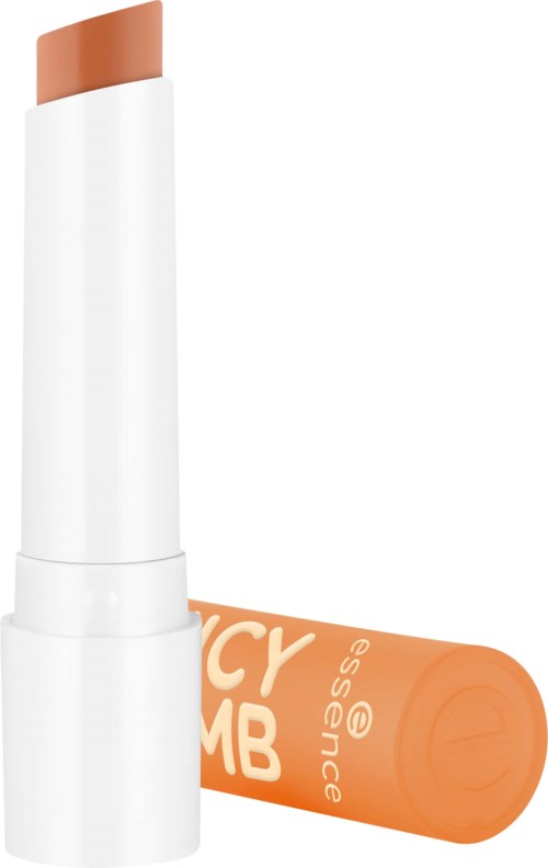 Lippenbalsam-Tube mit orange-weißer Verpackung, beschriftet "LIP BALM" und "essence".
