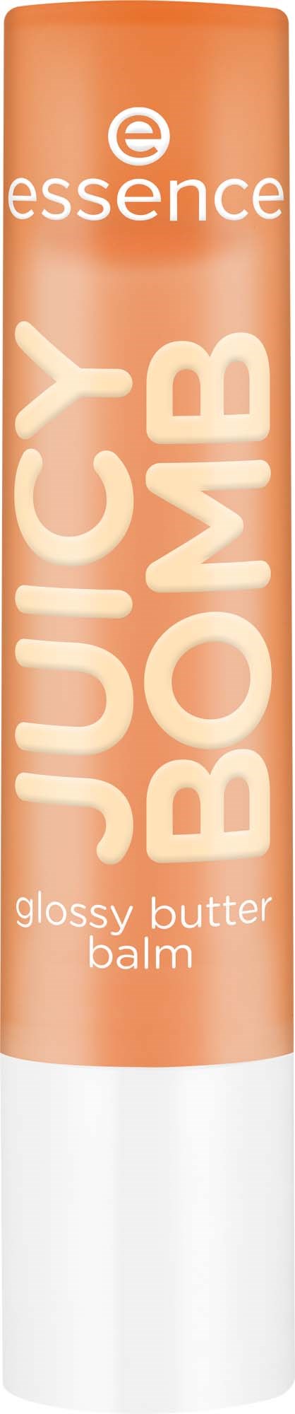 Ein zylindrischer Behälter in Orange und Weiß, beschriftet mit Juice Bomb glossy butter balm von essence.