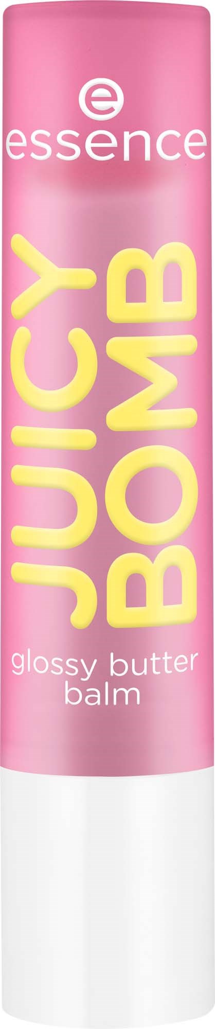 Pinkes Lippenbalsam-Stift mit der Bezeichnung Juicy Bomb Glossy Butter Balm von Essence. Helle gelbe und weiße Schrift auf der Verpackung.