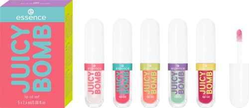 Set of five small lip oil containers with colorful labels, all labeled 'Juicy Bomb.'